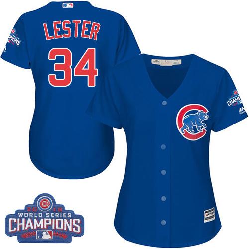 Women Chicago Cubs 34 Jon Lester Blue Alternate 2016 World Series Champions MLB Jersey