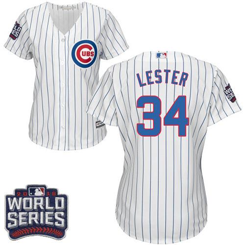 Women Chicago Cubs 34 Jon Lester White(Blue Strip) Home 2016 World Series Bound MLB Jersey