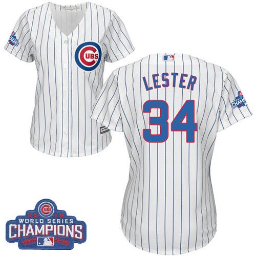 Women Chicago Cubs 34 Jon Lester White-Blue Strip- Home 2016 World Series Champions MLB Jersey