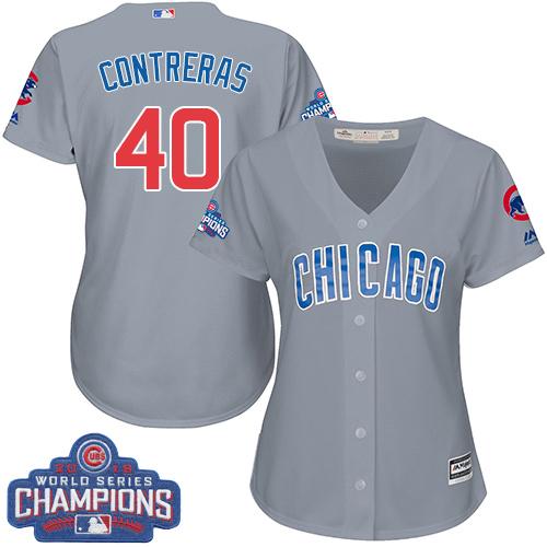 Women Chicago Cubs 40 Willson Contreras Grey Road 2016 World Series Champions MLB Jersey