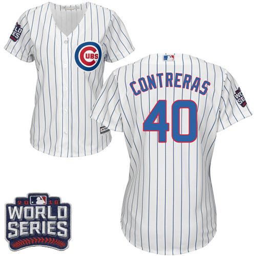 Women Chicago Cubs 40 Willson Contreras White(Blue Strip) Home 2016 World Series Bound MLB Jersey