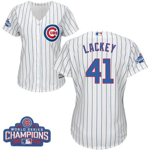 Women Chicago Cubs 41 John Lackey White-Blue Strip- Home 2016 World Series Champions MLB Jersey