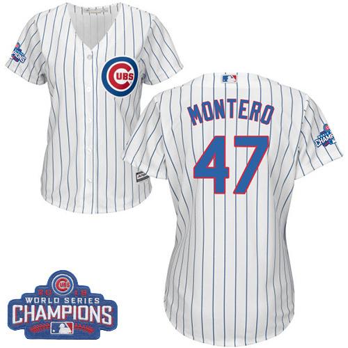 Women Chicago Cubs 47 Miguel Montero White-Blue Strip- Home 2016 World Series Champions MLB Jersey