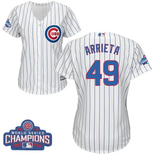 Women Chicago Cubs 49 Jake Arrieta White-Blue Strip- Home 2016 World Series Champions MLB Jersey