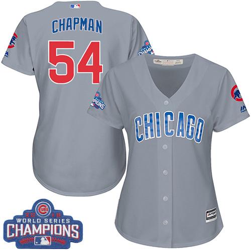 Women Chicago Cubs 54 Aroldis Chapman Grey Road 2016 World Series Champions MLB Jersey