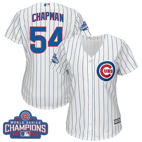 Women Chicago Cubs 54 Aroldis Chapman White-Blue Strip- Home 2016 World Series Champions MLB Jersey