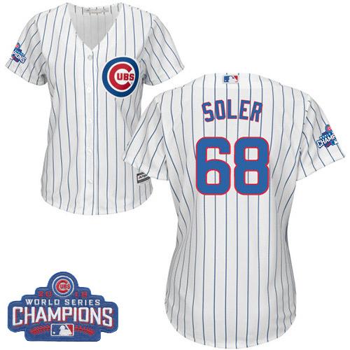 Women Chicago Cubs 68 Jorge Soler White-Blue Strip- Home 2016 World Series Champions MLB Jersey