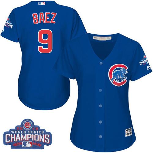 Women Chicago Cubs 9 Javier Baez Blue Alternate 2016 World Series Champions MLB Jersey