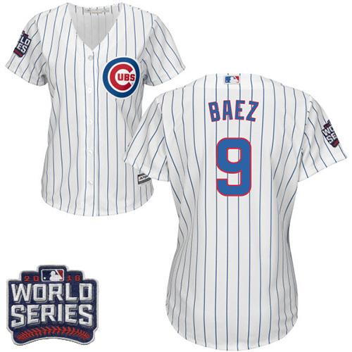 Women Chicago Cubs 9 Javier Baez White(Blue Strip) Home 2016 World Series Bound MLB Jersey