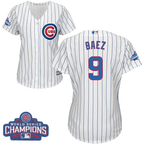 Women Chicago Cubs 9 Javier Baez White-Blue Strip- Home 2016 World Series Champions MLB Jersey