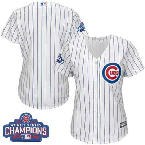 Women Chicago Cubs Blank White-Blue Strip- Home 2016 World Series Champions MLB Jersey