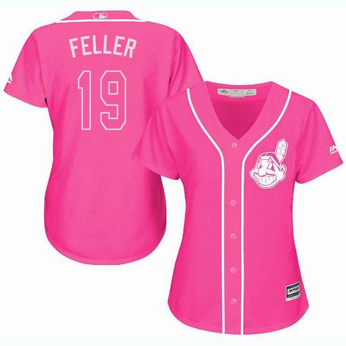 Women Cleveland Indians #19 Bob Feller Pink Fashion Jersey