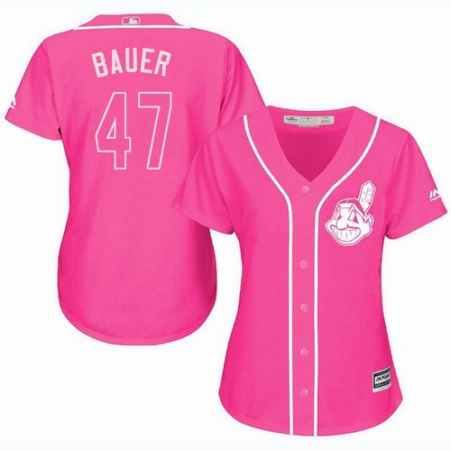 Women Cleveland Indians #47 Trevor Bauer Pink Fashion Jersey