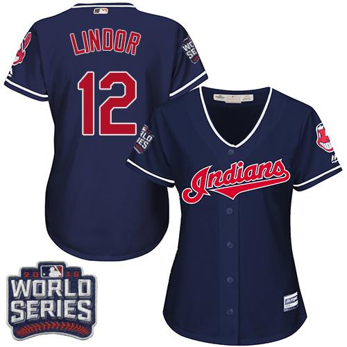 Women Cleveland Indians 12 Francisco Lindor Navy Blue 2016 World Series Bound Alternate MLB Jersey