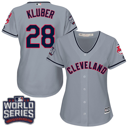 Women Cleveland Indians 28 Corey Kluber Grey 2016 World Series Bound Road MLB Jersey