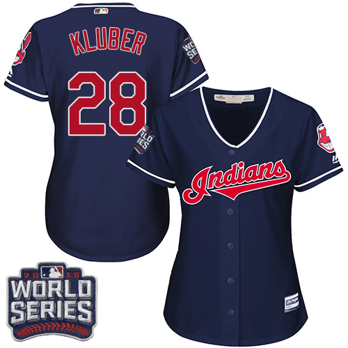 Women Cleveland Indians 28 Corey Kluber Navy Blue 2016 World Series Bound Alternate MLB Jersey