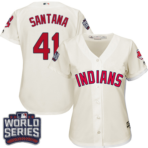 Women Cleveland Indians 41 Carlos Santana Cream 2016 World Series Bound Alternate MLB Jersey