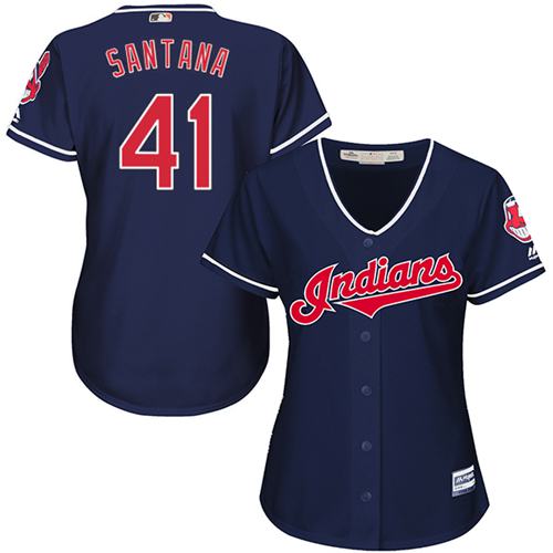 Women Cleveland Indians 41 Carlos Santana Navy Blue Alternate MLB Jersey