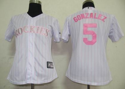 Women Colorado Rockies 5 Gonzalez White Pink strip Jerseys