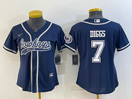 Women Dallas Cowboys #7 Trevon Diggs Navy With Patch Cool Base Stitched Baseball Jersey
