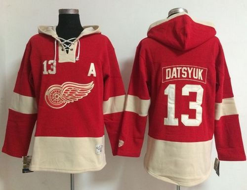 Women Detroit Red Wings 13 Pavel Datsyuk Red Old Time Lacer NHL Hoodie