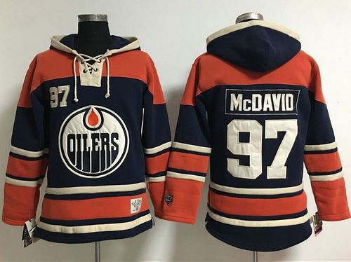 Women Edmonton Oilers 97 Connor McDavid Navy Blue Old Time Lacer NHL Hoodie