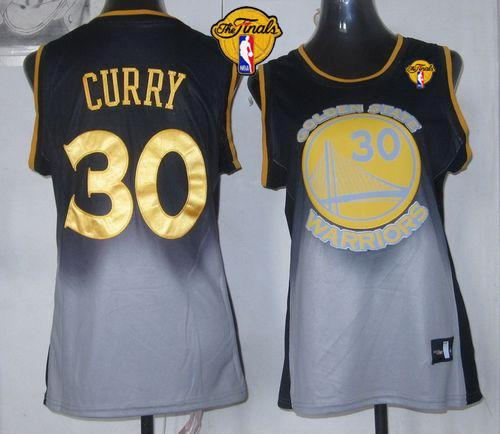 Women Golden State Warriors 30 Stephen Curry Black-Grey The Finals Patch Fadeaway Fashion NBA Jersey
