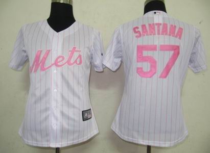 Women Jerseys New York Mets 57 Santan White Pink strip