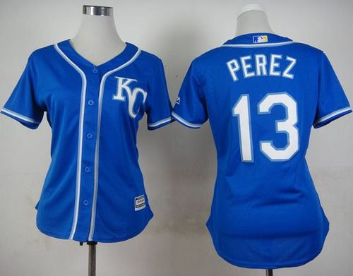 Women Kansas City Royals 13 Salvador Perez Blue Alternate 2 Baseball Jersey