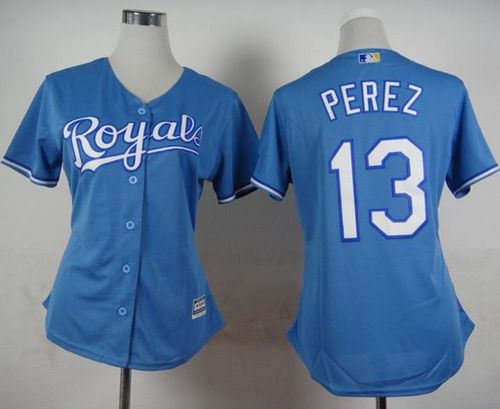 Women Kansas City Royals 13 Salvador Perez Light Blue Alternate 1 Baseball jersey