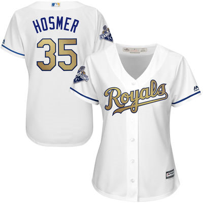 Women Kansas City Royals 35 Eric Hosmer White Gold Program Cool Base 2015 World Series Champions MLB Jersey