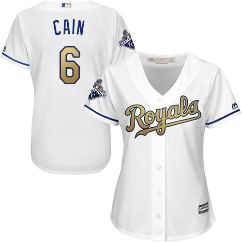 Women Kansas City Royals 6 Lorenzo Cain White 2015 World Series Champions Gold Program Cool Base MLB Jersey