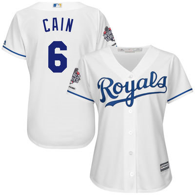 Women Kansas City Royals 6 Lorenzo Cain White Cool Base 2015 World Series Champions MLB Jersey