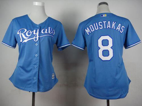 Women Kansas City Royals 8 Mike Moustakas Light Blue Alternate 1 Baseball jersey