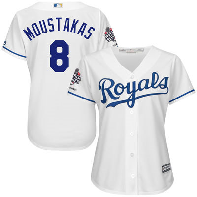 Women Kansas City Royals 8 Mike Moustakas White Cool Base 2015 World Series Champions MLB Jersey