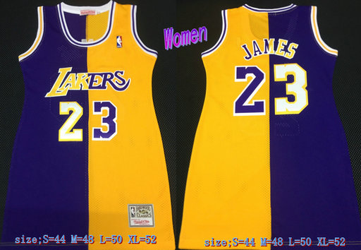 Women Lakers 23 LeBron James Split Purple Yellow Women Hardwood Classics Mesh Jersey