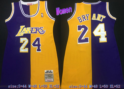 Women Lakers 24 Kobe Bryant Split Yellow Purple Women 2007-08 Hardwood Classics Jersey