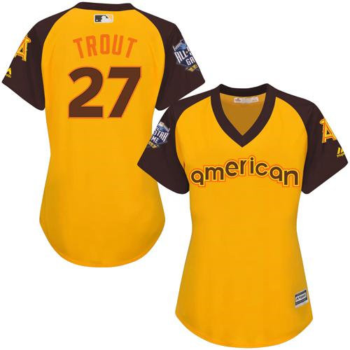 Women Los Angeles Angels Of Anaheim 27 Mike Trout Gold 2016 All-Star American League Baseball Jersey