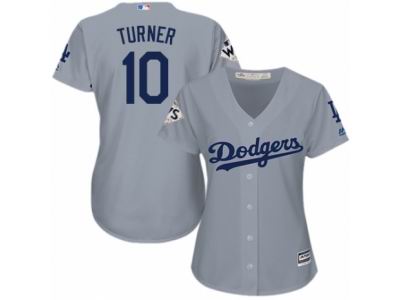 Women Majestic Los Angeles Dodgers #10 Justin Turner Replica Grey Road 2017 World Series Bound Cool Base MLB Jersey
