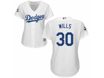 Women Majestic Los Angeles Dodgers #30 Maury Wills Replica White Home 2017 World Series Bound Cool Base MLB Jersey