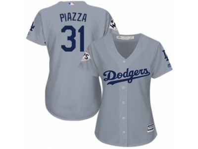 Women Majestic Los Angeles Dodgers #31 Mike Piazza Replica Grey Road 2017 World Series Bound Cool Base MLB Jersey