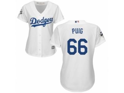 Women Majestic Los Angeles Dodgers #66 Yasiel Puig Replica White Home 2017 World Series Bound Cool Base MLB Jersey