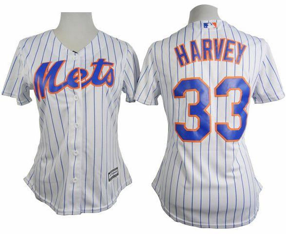 Women Mets 33 Matt Harvey White(Blue Strip) Home Baseball Jersey