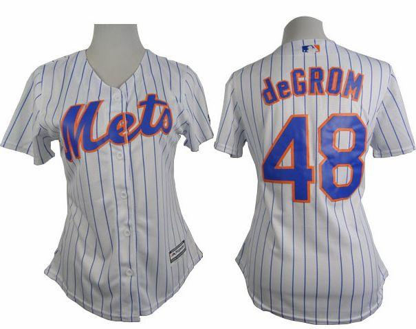 Women Mets 48 Jacob deGrom White(Blue Strip) Home Baseball jersey
