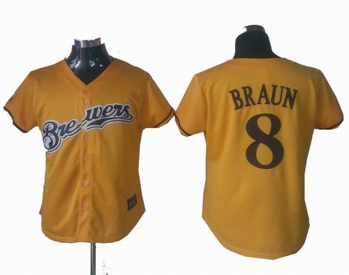 Women Milwaukee Brewers 8# Ryan Braun gold cool base jerseys