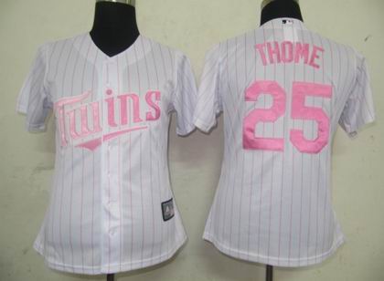 Women Minnesota Twins #25 Jim Thome jerseys white pink strip
