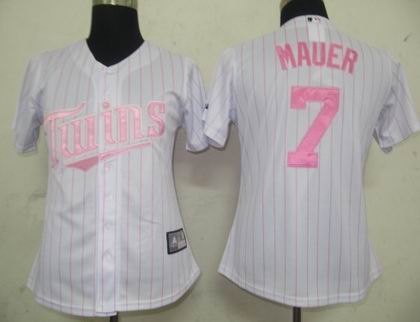 Women Minnesota Twins #7 Joe Mauer jerseys white pink strip