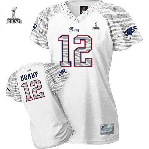 Women New England Patriots #12 Tom Brady Zebra Field Flirt Fashion 2012 Super Bowl XLVI Jersey white