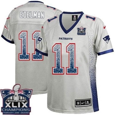 Women New England Patriots 11 Julian Edelman Grey Super Bowl XLIX Champions Patch Stitched NFL Drift Fashion Jersey