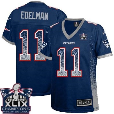 Women New England Patriots 11 Julian Edelman Navy Blue Team Color Super Bowl XLIX Champions Patch Stitched NFL Drift Fashion Jersey